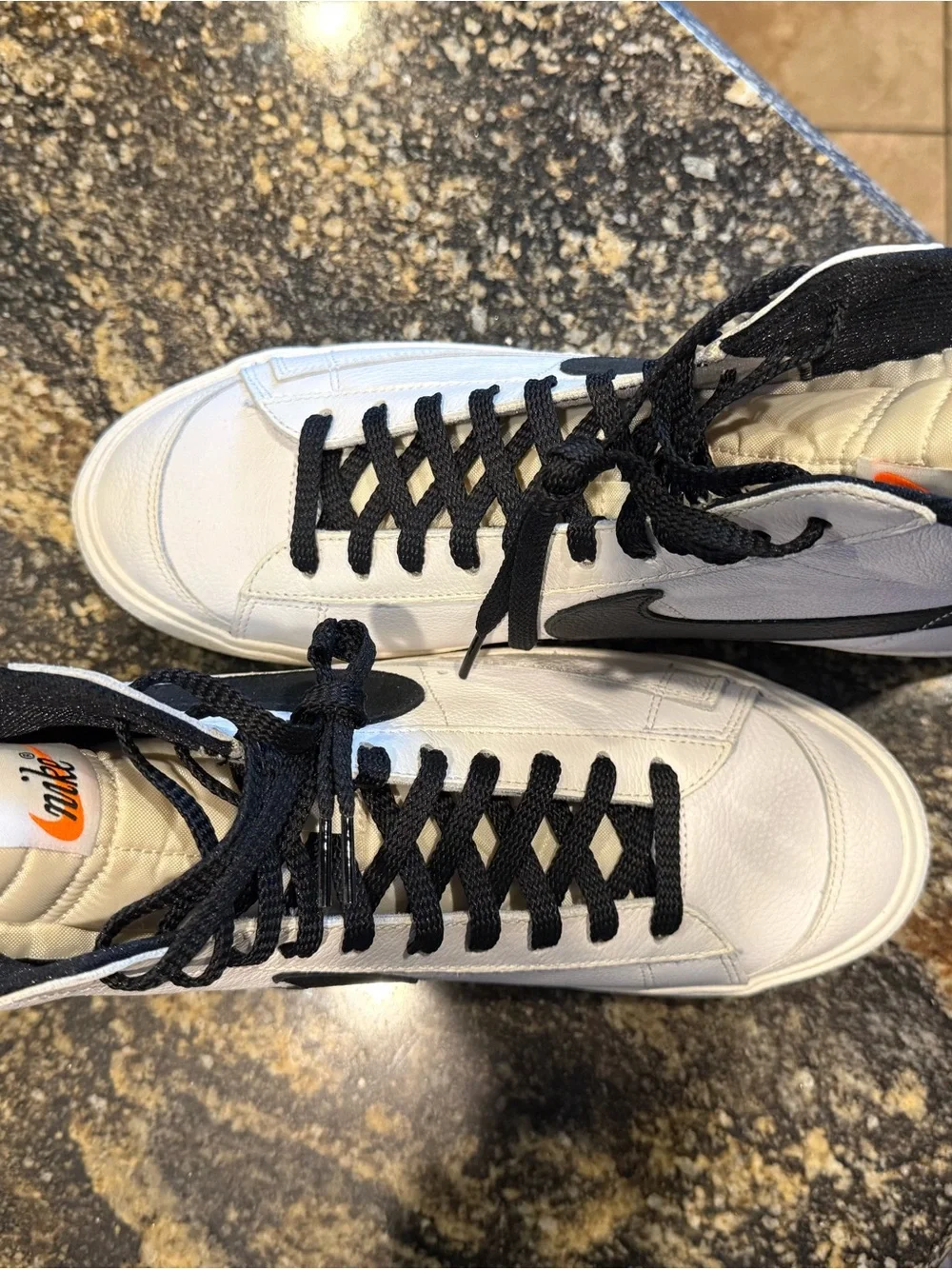 Nike Men's White High-Top Sneakers with Black Swoosh and Green Heel Tab (Custom)
